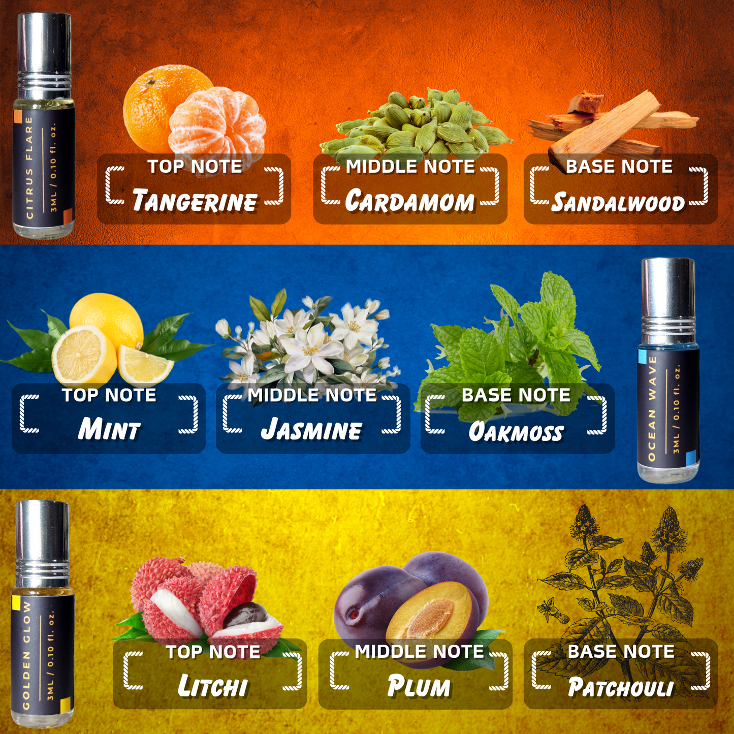 3-Piece Attar Combo – Fresh Vibes Edition (Citrus, Aqua & Vanilla Notes)