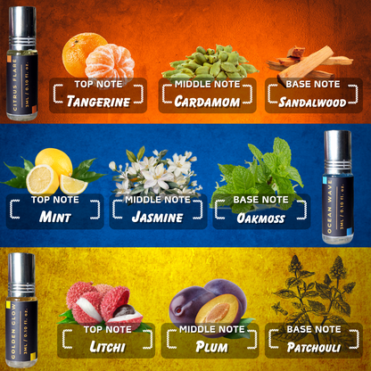 3-Piece Attar Combo – Fresh Vibes Edition (Citrus, Aqua & Vanilla Notes)